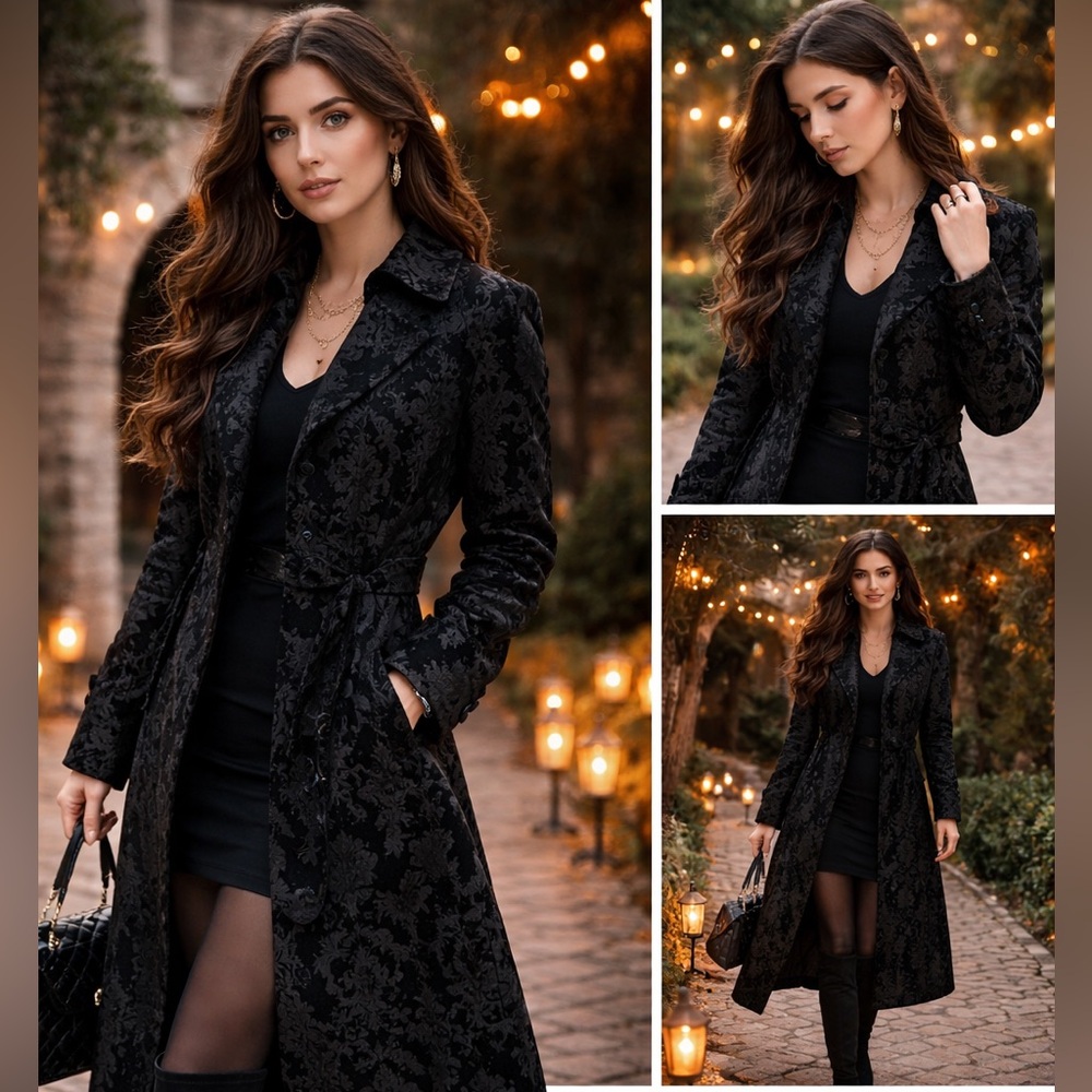 Georgiou Studio Black Velvet Damask Burnout Long Goth Vampire Trench Coat
